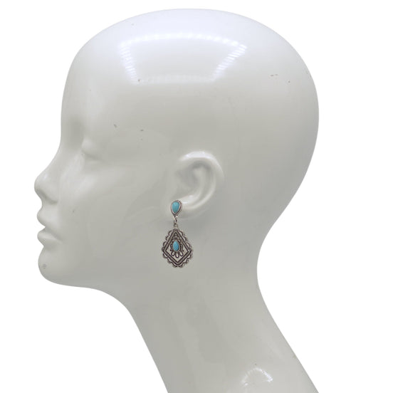 Boho Turquoise & Silver Drop Earrings 1.7"#HNE91027(LB14)