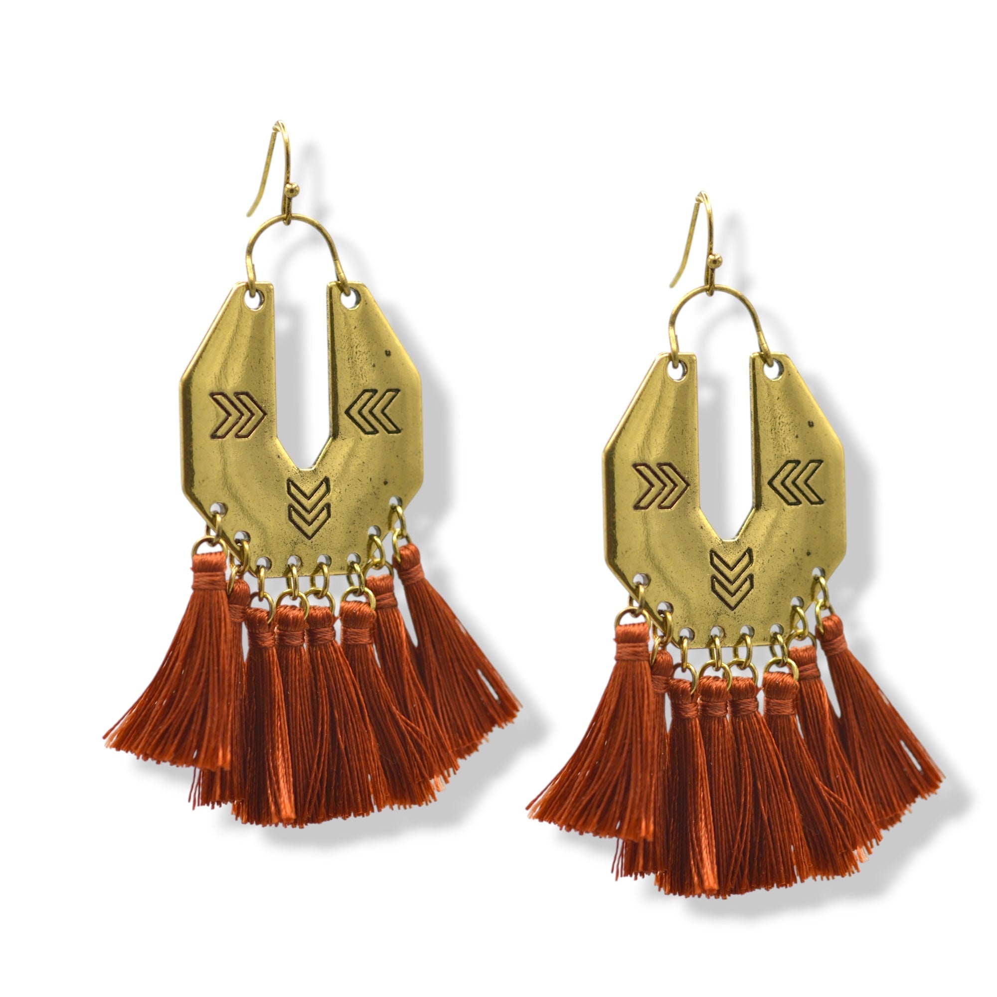 ✨ Gold Chevron & burnt umber Tassel Earrings – 3