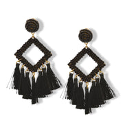 🖤 Black Beaded Diamond Tassel Earrings– 3