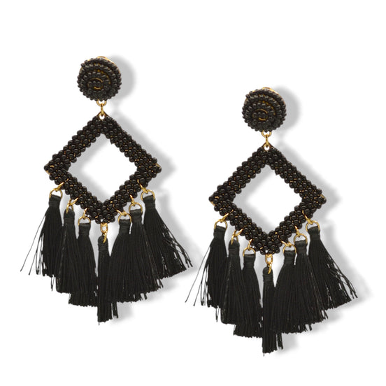 🖤 Black Beaded Diamond Tassel Earrings– 3"#GFE6028 (Mod)