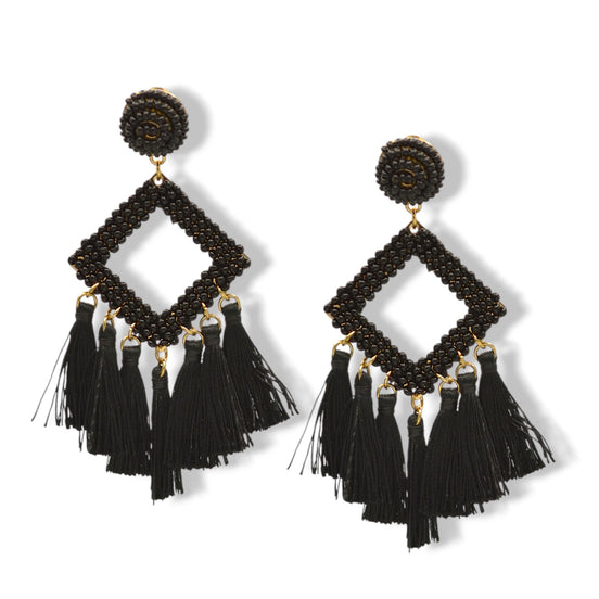 🖤 Black Beaded Diamond Tassel Earrings– 3"#ADX0222678(BOHO)