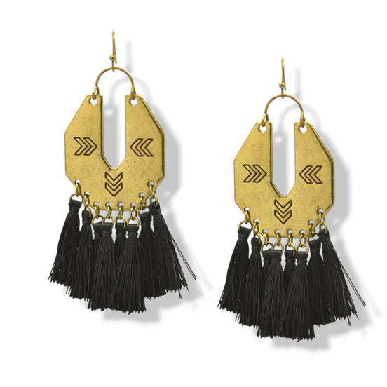 ✨ Gold Chevron & Black Tassel Earrings – 3"#ADX0222679(BOHO)