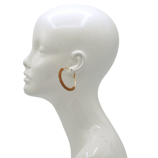 Beaded Hoop Earrings – Gold Tone with Warm Brown Seed Beads, 2"#ADX0222682(BOHO)