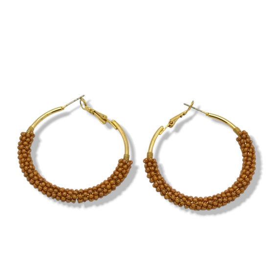 Beaded Hoop Earrings – Gold Tone with Warm Brown Seed Beads, 2"#ADX0222682(BOHO)