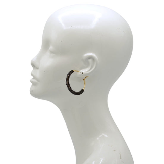 Beaded Hoop Earrings – Gold Tone with Black Seed Beads, 2"#ADX0222686(BOHO)