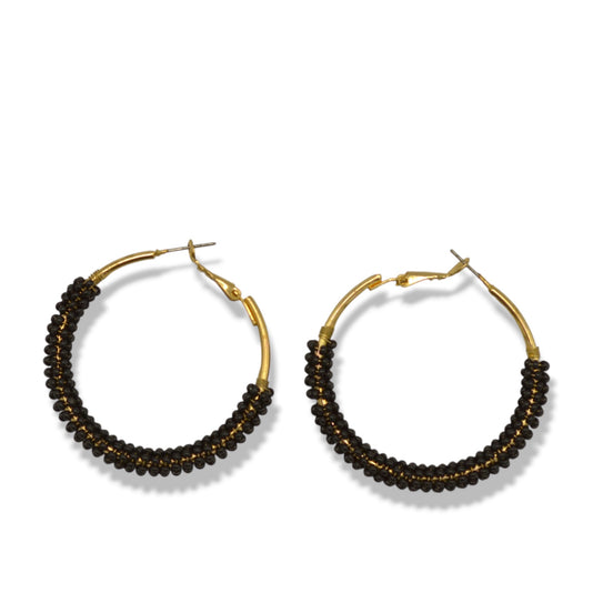 Beaded Hoop Earrings – Gold Tone with Black Seed Beads, 2"#ADX0222686(BOHO)