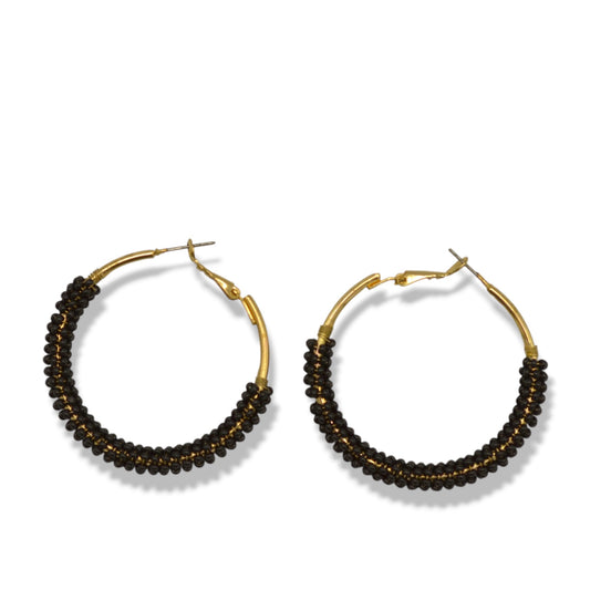 Beaded Hoop Earrings – Gold Tone with Black Seed Beads, 2"#ADX0222686(BOHO)
