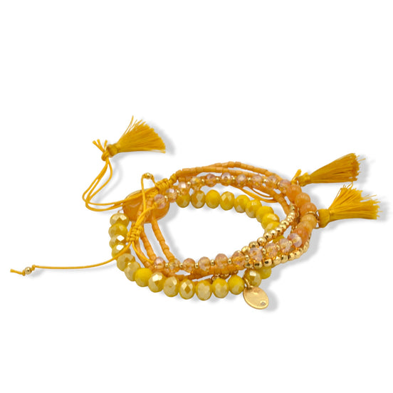 Gold Yellow Multi-Strand Pull String Faceted Bead Bracelet#ADX0222699(BOHO)