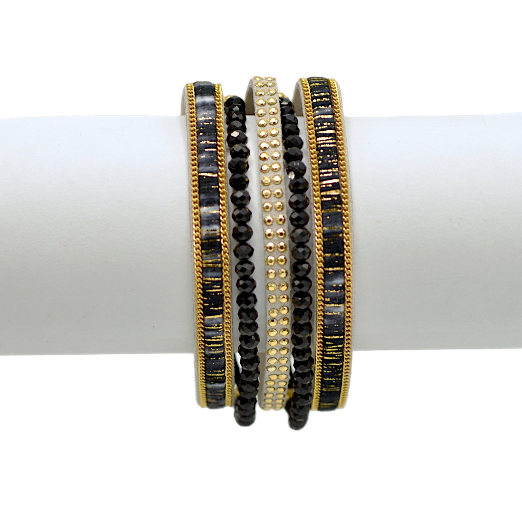Multi-Strand Black Crystal & Gold-Tone Bracelet 7.9