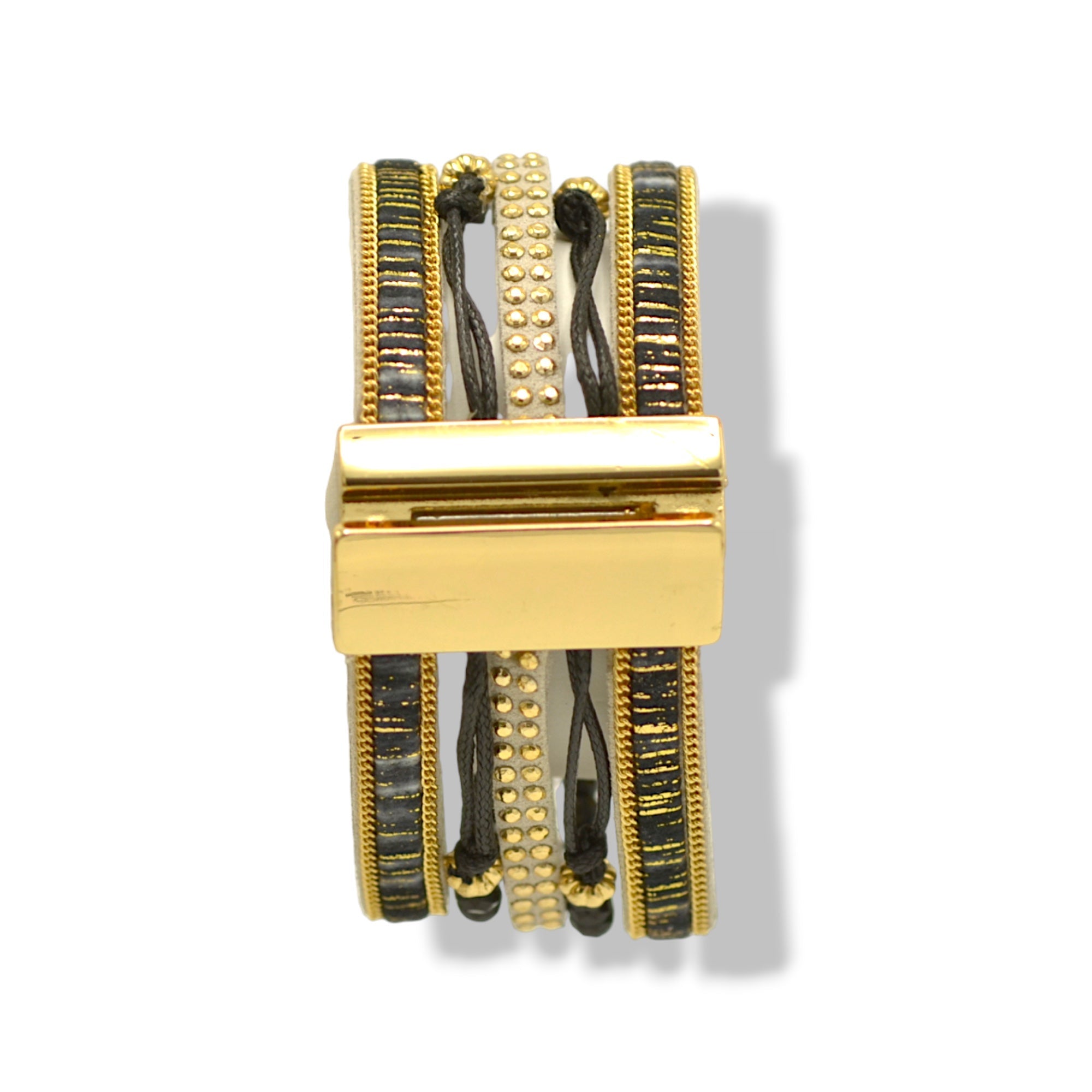 Multi-Strand Black Crystal & Gold-Tone Bracelet 7.9