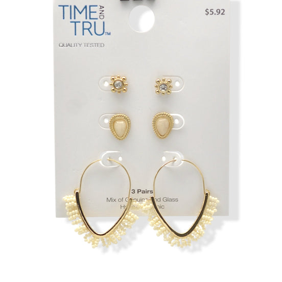 Gold-Tone Trio Earring Set – 3-Piece Stud & Hoop Collection #ADX0222706(BOHO)
