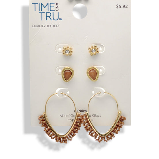 Gold And brown Beads crystal 3 Pairs earrings #ADX0222707( Top of XE19)