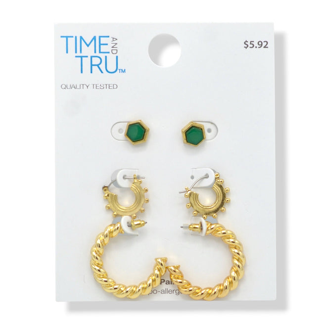 Gold-Tone Trio Earring Set – 3-Piece Stud & Hoop Collection #ADX0222709(BOHO)