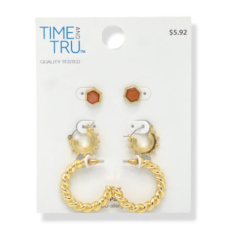 Gold-Tone Trio Earring Set – 3-Piece Stud & Hoop Collection #ADX0222710(BOHO)