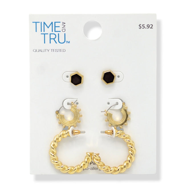 Gold-Tone Trio Earring Set – 3-Piece Stud & Hoop Collection #ADX0222711(BOHO)