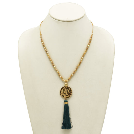 Gold Bead Long Adjustable Chain with Teal Thread Tassel Necklace A Fusion of Tradition and Modern Elegance#ADX0222713(BOHO)