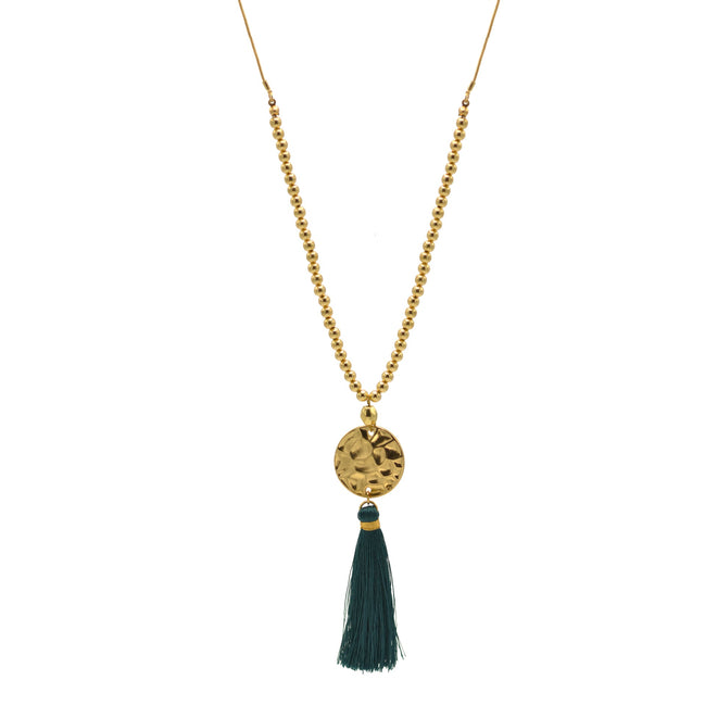 Gold Bead Long Adjustable Chain with Teal Thread Tassel Necklace A Fusion of Tradition and Modern Elegance#ADX0222713(BOHO)