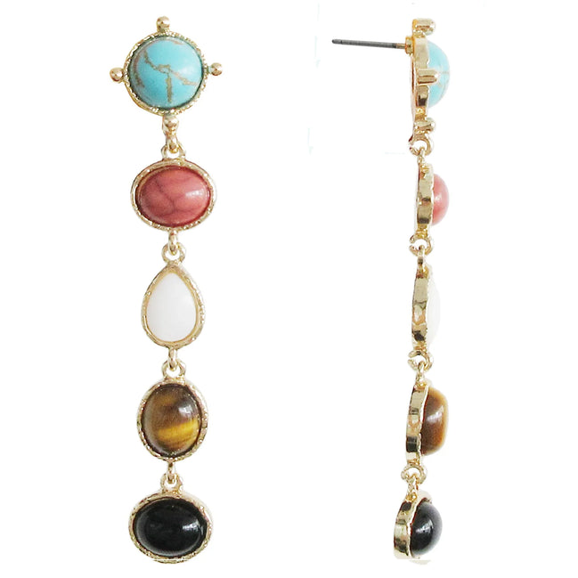 Gold Multi Turquoise, Tiger's Eye and Mother Of Pearl Drop Earrings #GFE5731-1