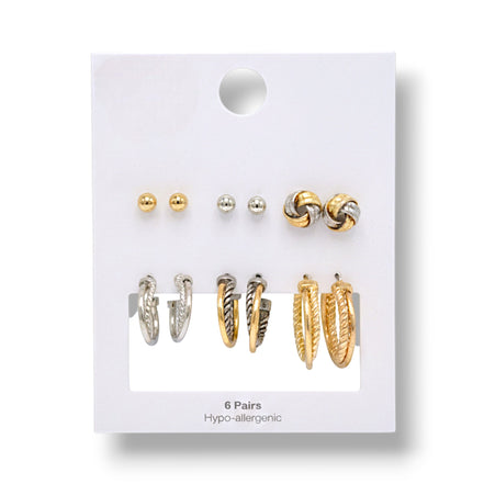 Mixed Stud & Hoop Earrings Set – Gold & Silver Tone Hypoallergenic Post Earrings | 1" Hoop Styles Included #GFE6277-2 Assorted