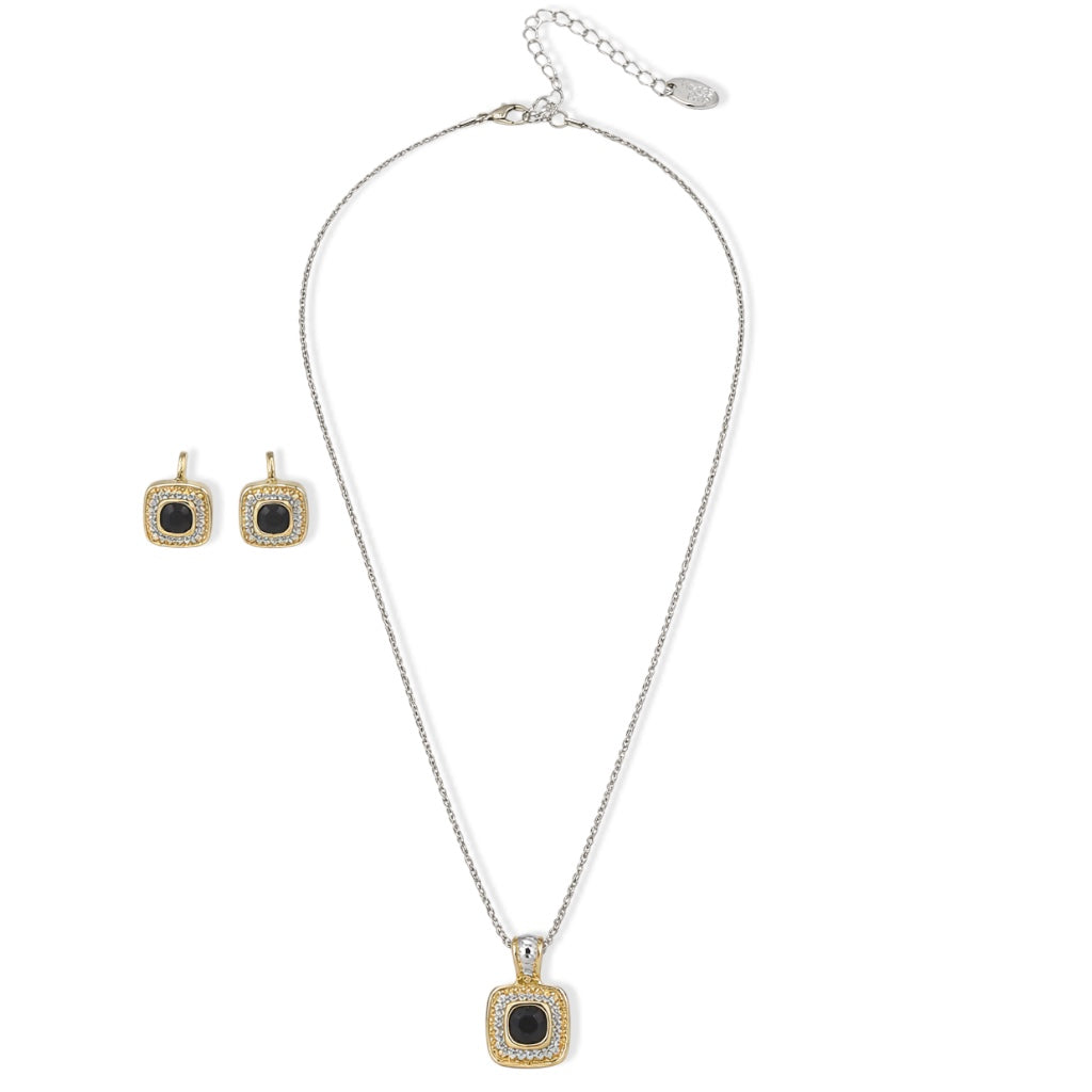 Luxury Square Pendant Necklace & Stud Earrings Set – Two-Tone Gold & Silver | 16