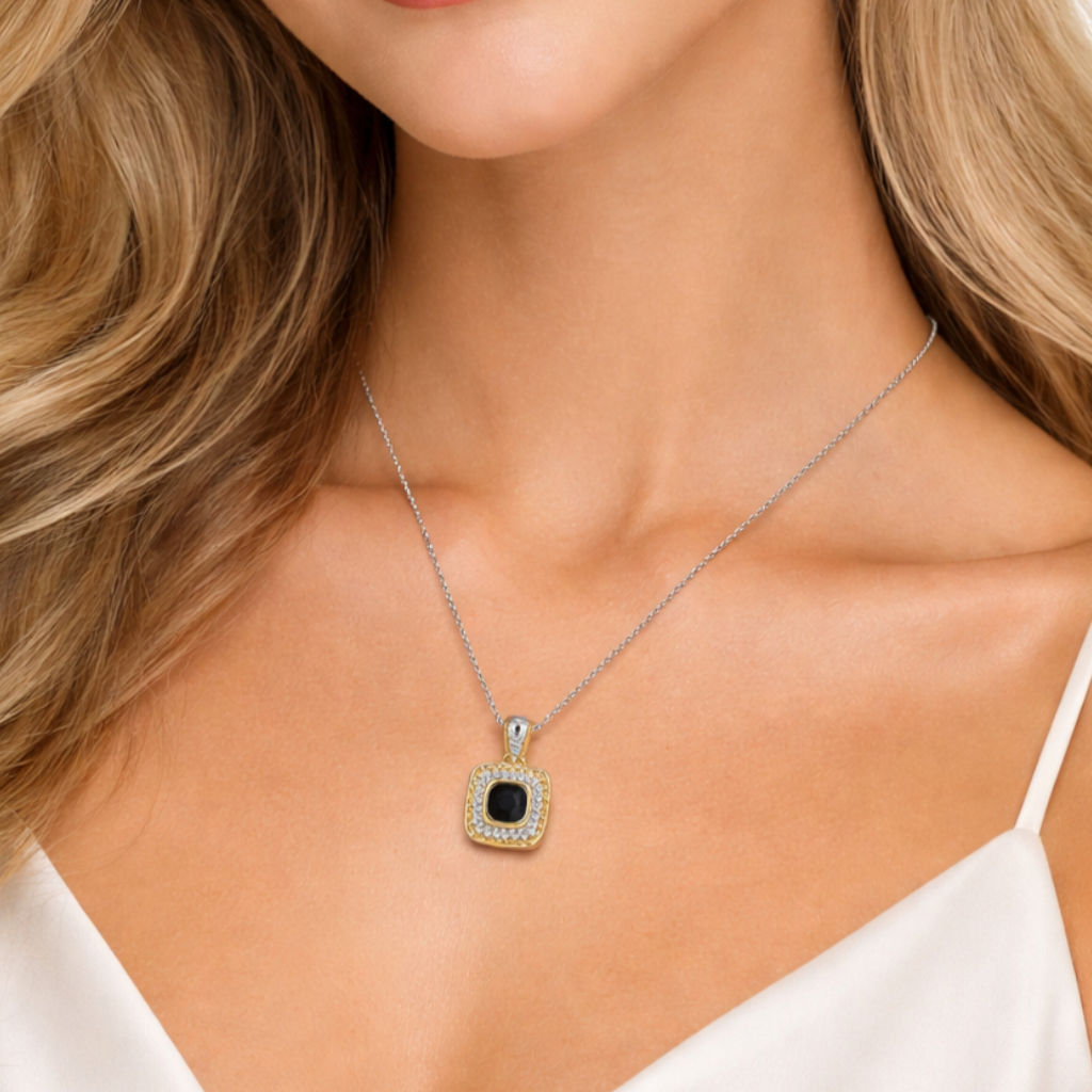 Luxury Square Pendant Necklace & Stud Earrings Set – Two-Tone Gold & Silver | 16