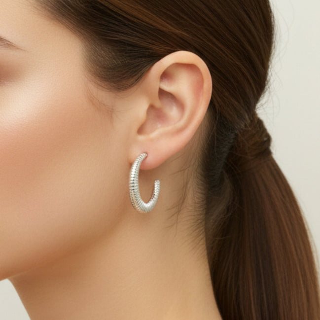 Silver Textured Hoop Earrings#GFE6474 (Mod)