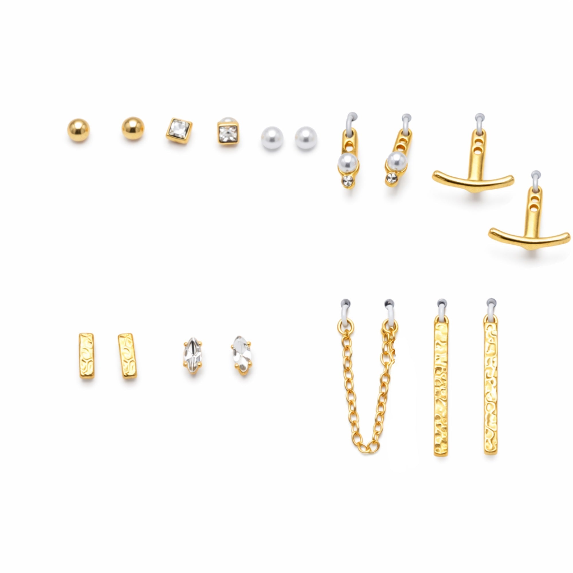 Elegant Multi-Style Earring Set - 9 Pair Collection in Gold, Pearl & Crystal#GFE6491-2 (Mod)