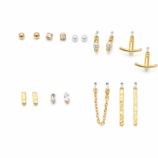 Elegant Multi-Style Earring Set - 9 Pair Collection in Gold, Pearl & Crystal#GFE6491-2 (Mod)
