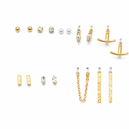 Elegant Multi-Style Earring Set - 9 Pair Collection in Gold, Pearl & Crystal#GFE6491-2 (Mod)