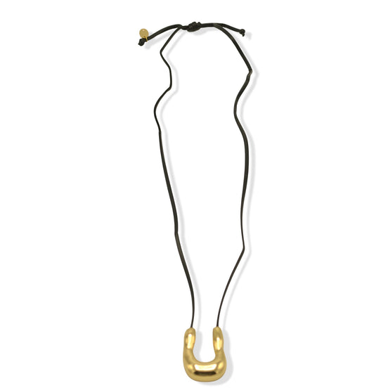 30" Modern Sculptural Gold-Tone U-Pendant Necklace – Adjustable Black Faux Leather Cord Statement Jewelry#GFN5527-1 (S3 2025)