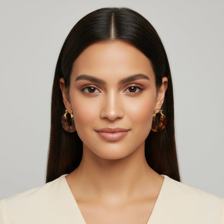 Tortoise Shell Acetate Resin Hoop Earrings with Gold Inlay – Vintage Style C-Hoops – Lightweight Statement Jewelry for Women 1.25"#GFE6506 (S3 2025)