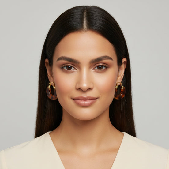 Tortoise Shell Acetate Resin Hoop Earrings with Gold Inlay – Vintage Style C-Hoops – Lightweight Statement Jewelry for Women 1.25"#GFE6506 (S3 2025)