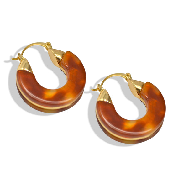 Tortoise Shell Acetate Resin Hoop Earrings with Gold Inlay – Vintage Style C-Hoops – Lightweight Statement Jewelry for Women 1.25"#GFE6506 (S3 2025)