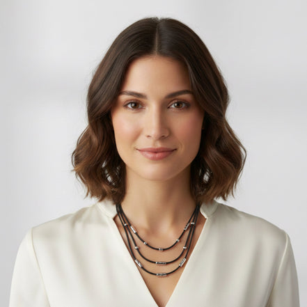 20" Triple-Layered Black Faux Leather Necklace with Hammered Silver Accents and Extender – Modern Statement Jewelry#GFN5525-1 (S3 2025)