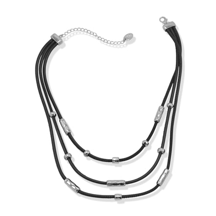 20" Triple-Layered Black Faux Leather Necklace with Hammered Silver Accents and Extender – Modern Statement Jewelry#GFN5525-1 (S3 2025)