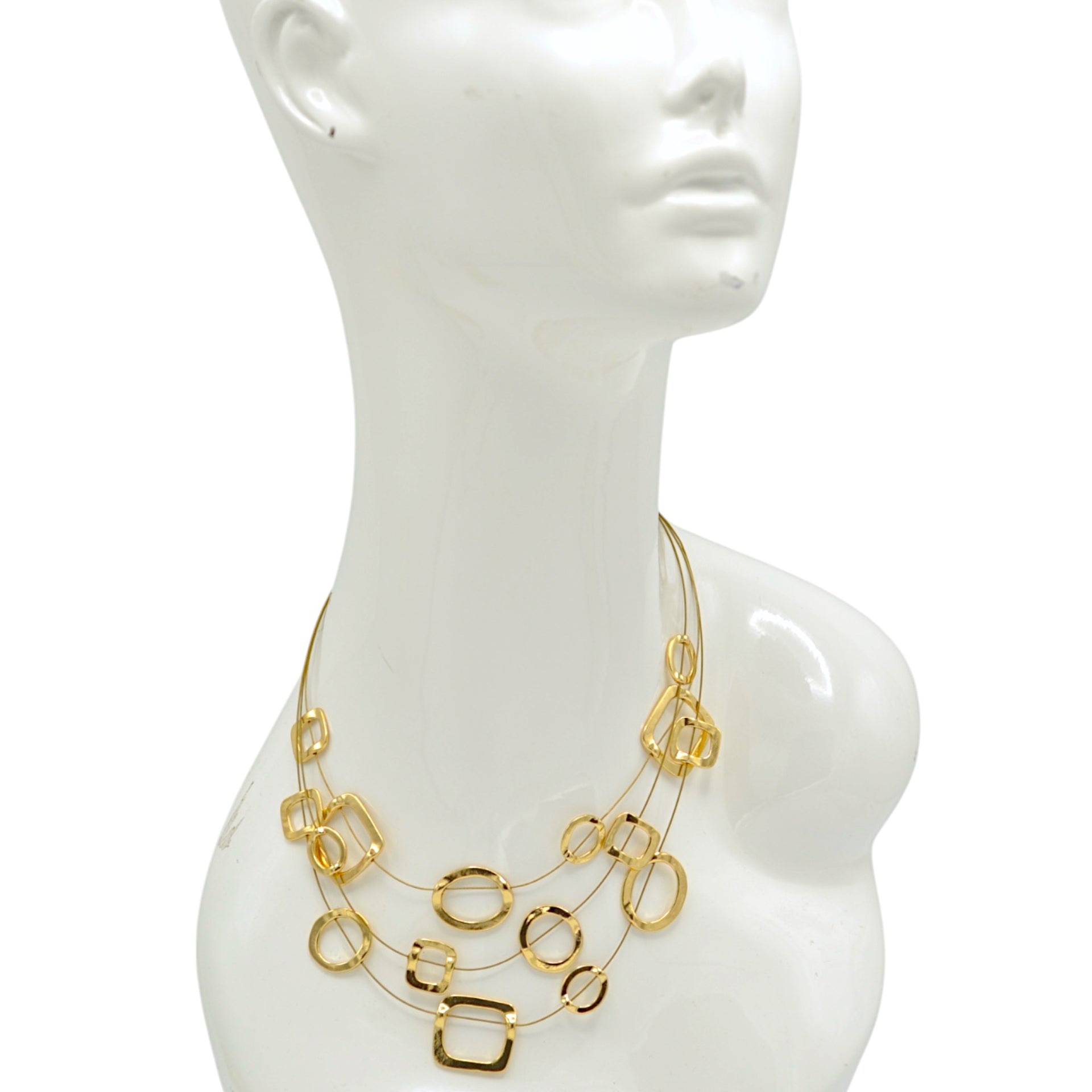 Elegant Gold-Tone Geometric Multi-Layer Necklace – 18