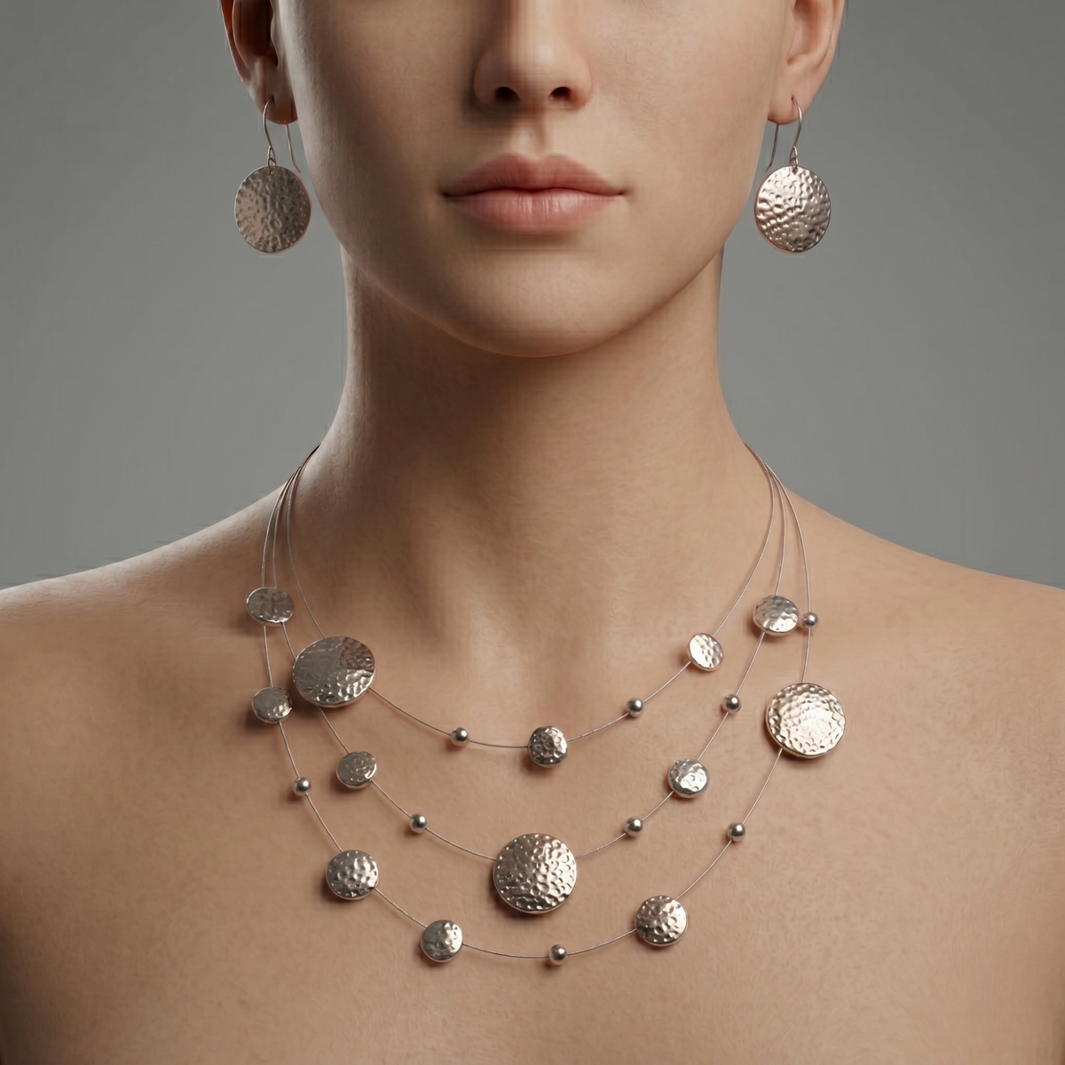 Silver Tone 3 row wire with round disc necklace and earrings set# SCE18246-SILVER(TD11)