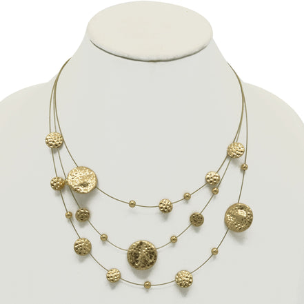 Gold 3row Gold wire with hammered round disc nk and eargs set #SCE18246-GOLD(TF9)