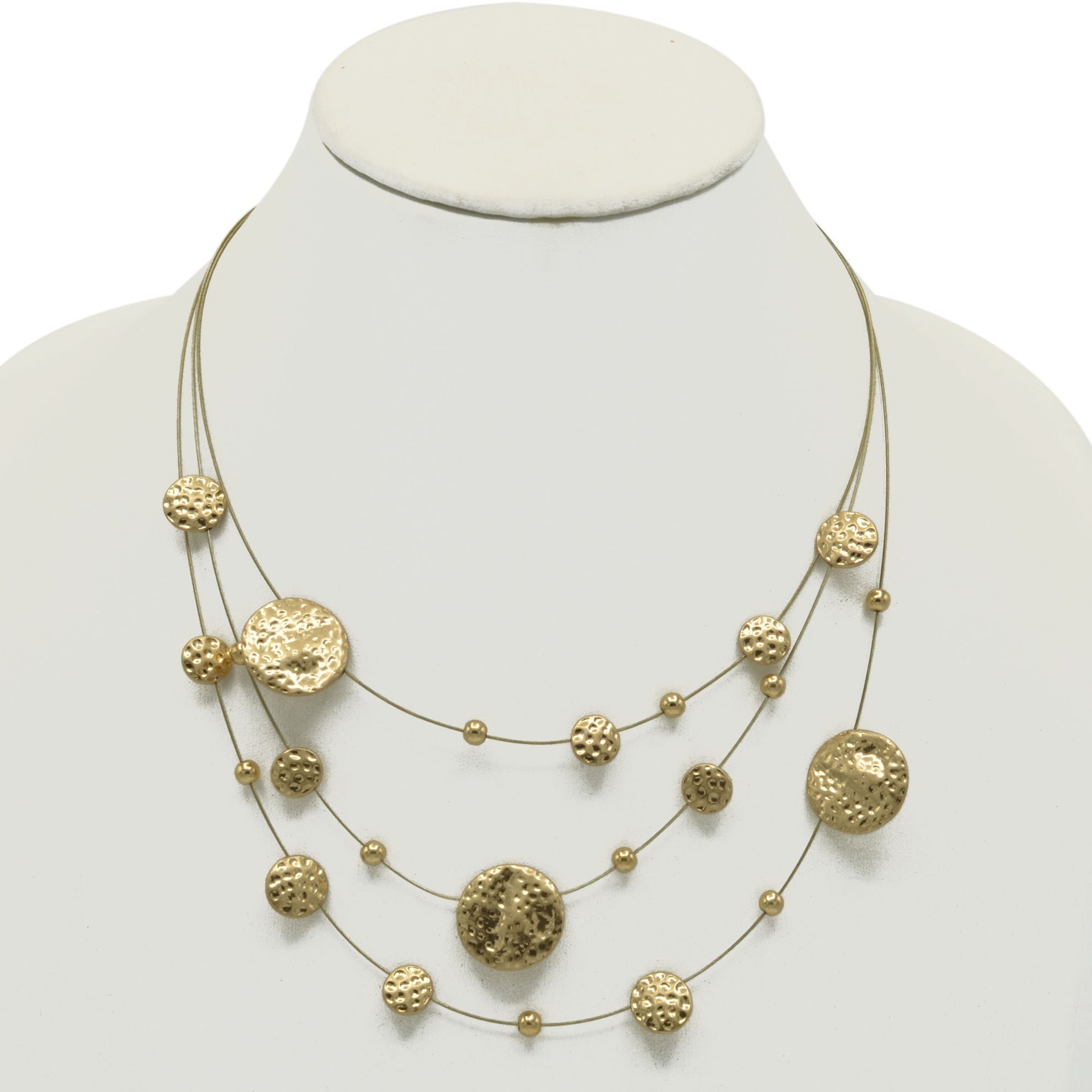 Gold 3row Gold wire with hammered round disc nk and eargs set #SCE18246-GOLD