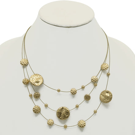 Gold 3row Gold wire with hammered round disc nk and eargs set #SCE18246-GOLD