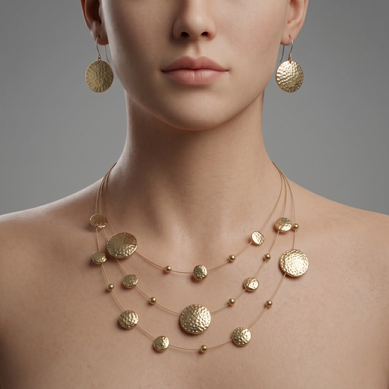 Gold 3row Gold wire with hammered round disc nk and eargs set #SCE18246-GOLD