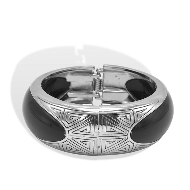 Silver-Tone Hinged Bangle Bracelet with Black Inlay & Geometric Engraving – 2.4" Diameter #HB46677_BLK (XB17)