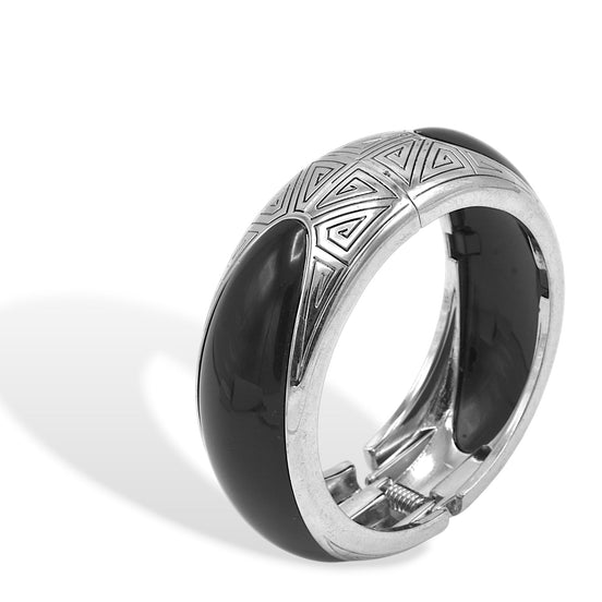 Silver-Tone Hinged Bangle Bracelet with Black Inlay & Geometric Engraving – 2.4" Diameter #HB46677_BLK (XB17)