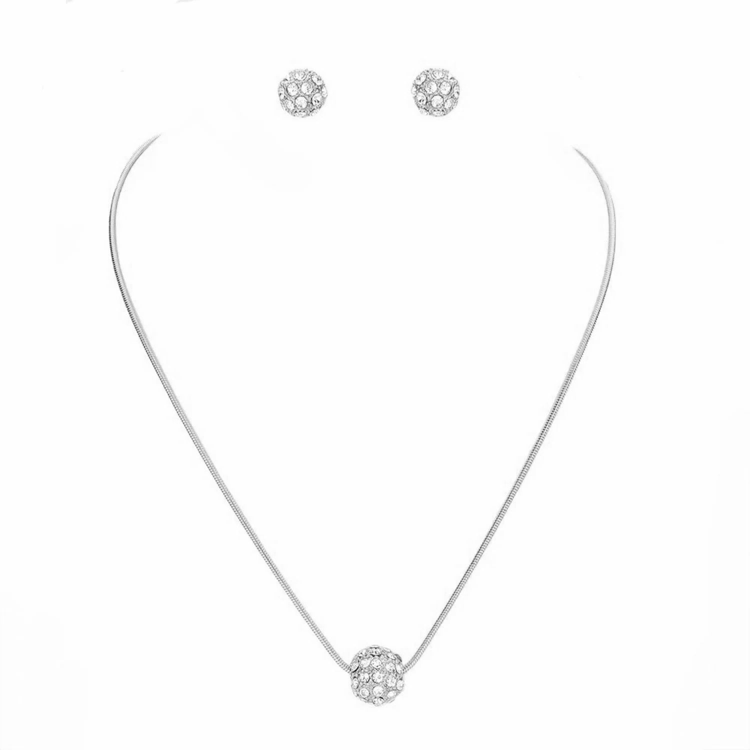 SILVER Pave Crystal Ball Pendant Necklace And Earrings Set #HNN+E3155-SIL/CRY (RD17/RC18)