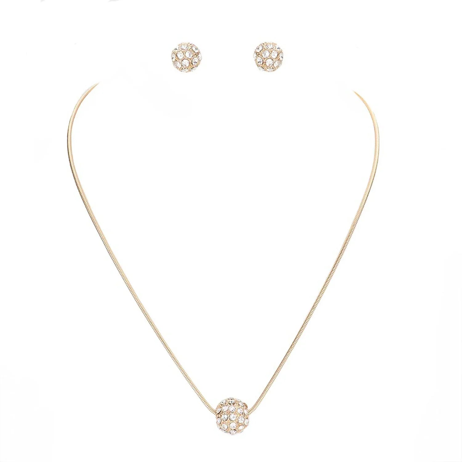 Gold Pave Crystal Ball Pendant Necklace And Earrings Set #HNN+E3155-GLD/CRY (RF17/RE17)