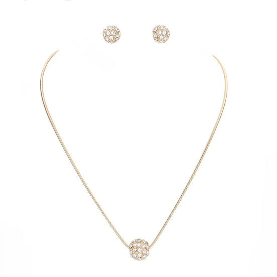 Gold Pave Crystal Ball Pendant Necklace And Earrings Set #HNN+E3155-GLD/CRY (RF17/RE17)