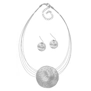 Silver Hammered Pendant Necklace And Earrings Set  #SCE18242_SILVER