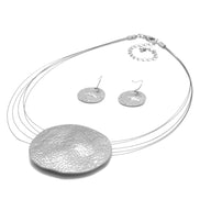 Silver Hammered Pendant Necklace And Earrings Set  #SCE18242_SILVER