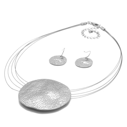 Silver Hammered Pendant Necklace And Earrings Set  #SCE18242_SILVER