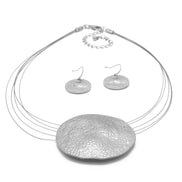 Silver Hammered Pendant Necklace And Earrings Set  #SCE18242_SILVER